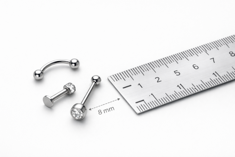 piercingu ehete mõõdud joonlauaga ja 8 mm näidis pikkus